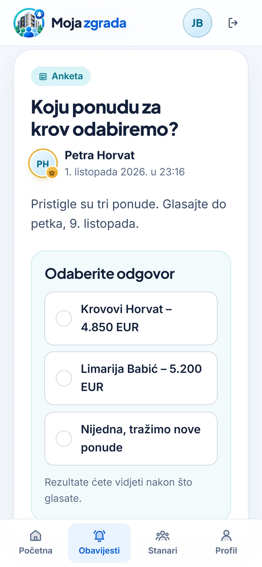 Zaslon aplikacije Moja zgrada: anketa u kojoj stanari biraju ponudu za sanaciju krova